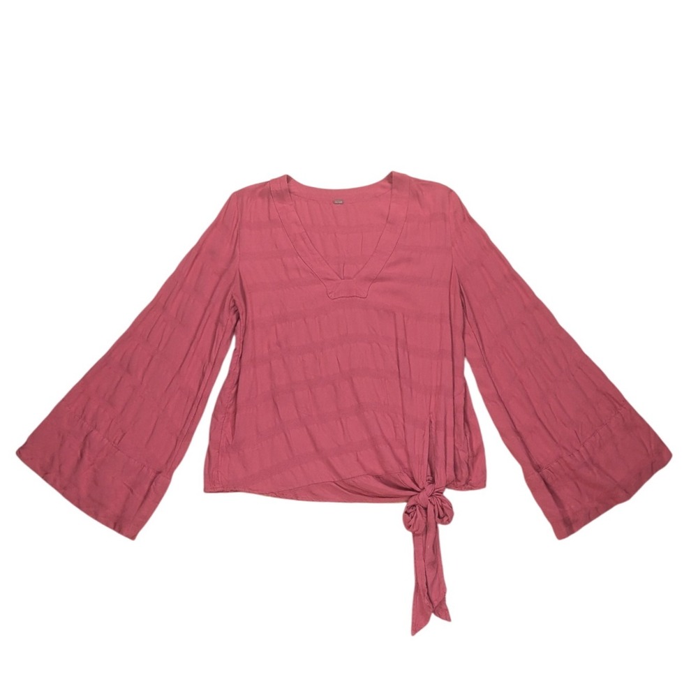 Free People Blouse Pink Tie-Front Bell Sleeve‎ V-Neck Boho Flowy Women's Medium?